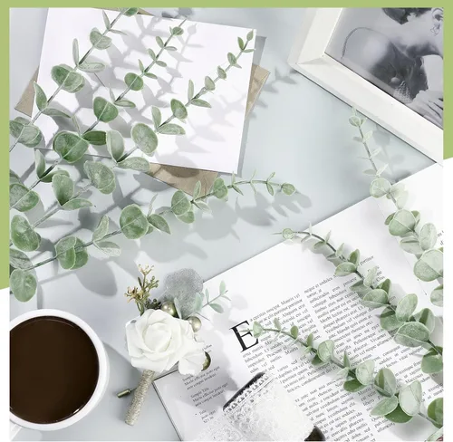 Vista 3 de 100 tallos de eucalipto, hojas de eucalipto artificiales, decoración de eucalipto, ramas de vegetación sintética para centros de mesa de boda, ramo