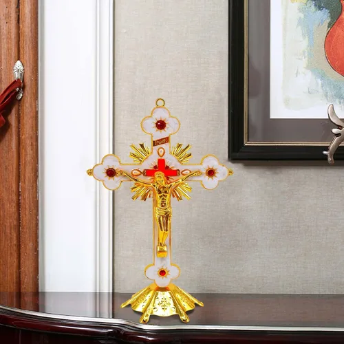 Vista 4 de rnuie Cruz de mesa de altar de Jesús, decoración de pared de crucifijo religioso con soporte, adorno cristiano de metal montado en la pared