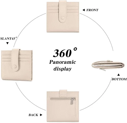 Vista 4 de Cartera delgada para mujer de cuero genuino pequeño plegable titular de la tarjeta de crédito con cremallera moneda bolsa de identificación ventana