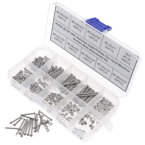 Vista 2 de Juego surtido de tornillos Phillips de cabeza plana de acero inoxidable #2-56 UNC y tuercas 220PCS, 9 Sizes, 5/32" to 1" Length, Imperial