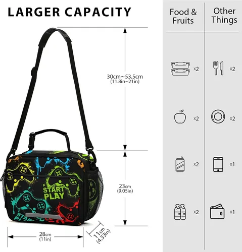Vista 2 de Bolsa de almuerzo con patrón de videojuego, cajas de almuerzo aisladas, enfriador, contenedor de alimentos para adultos, hombres y mujeres