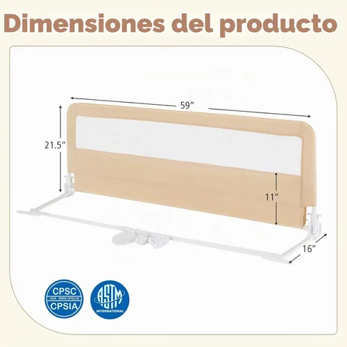 Vista 7 de BABY JOY Rieles de cama para niños pequeños, 59 pulgadas, extra largo, protector de cama abatible con correa de seguridad, barandilla plegable