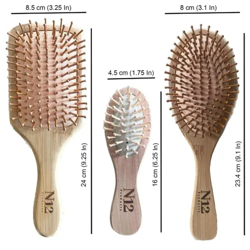 Vista 9 de N12 - Juego de 3 cepillos de madera de bambú para mujeres, hombres y niños, peine antiestático para masaje del cuero cabelludo, desenredante