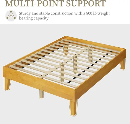 Vista 5 de Yaheetech Base de cama matrimonial con plataforma de madera maciza natural con soporte de listones de madera, espacio debajo de la cama de 12 Madera