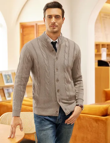 Vista 2 de COOFANDY Men's Cardigan Sweater Slim Fit Stand Collar Cardigan Casual Cable Knitted Button Down Sweater with Pockets