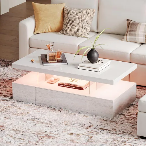 Vista 7 de ChooChoo Mesa de centro moderna con LED, mesa central de alto brillo con cajón, mesa auxiliar rectangular con almacenamiento para sala de estar