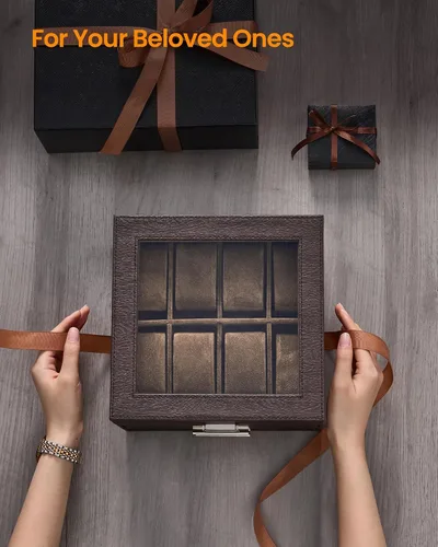 Vista 5 de Caja de reloj, regalos de Navidad, caja de reloj de 8 ranuras con tapa de vidrio, almohadas de reloj extraíbles, organizador de caja de joyería de 3