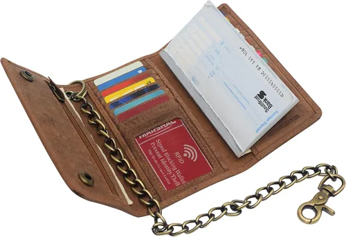 Vista 3 de CAZORO Cartera de cadena de motocicleta de Estados Unidos para hombre, 100% piel auténtica natural, bloqueo RFID triple largo, organizador de dinero