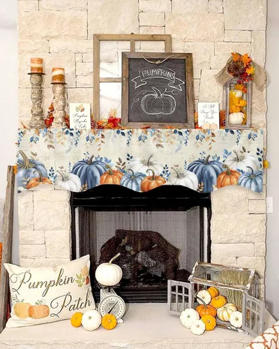 Vista 2 de Bufanda beige para chimenea de Acción de Gracias, bufanda de chimenea, calabaza de otoño, hojas de eucalipto, bufandas para chimenea, estante
