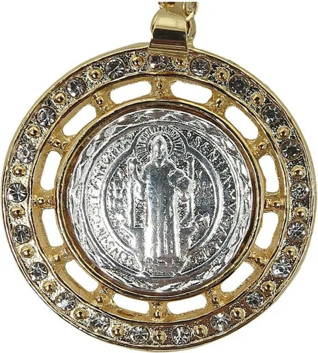 Vista 3 de El mundo cristiano de San Benito colgante con tono dorado y collar de recuerdo de medalla en tono plateado, vbn-fh-233