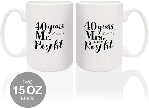 Vista 2 de Canopy Street Juego de tazas de 40 aniversario / 40 Years Mr. And Mrs. Always Right Tazas de café / Tazas de aniversario de 15 onzas/divertido