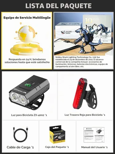 Vista 9 de Smiling Shark Luces de bicicleta, luz LED con clip frontal para bicicleta y luz trasera roja gratis, IPX6, impermeable, recargable por USB, potente