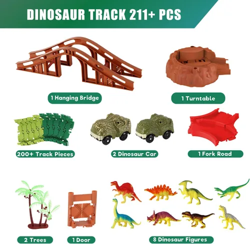 Vista 2 de Jurassic Dinosaur Toys - Carrera de autos de carreras para niños de 4 a 7 años, dinosaurio World Road Race – Juego de pista de tren flexible con 2