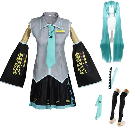Vista 10 de Disfraz de anime para mujer, disfraz de Halloween, cosplay, conjunto completo de uniformes con pelucas, cola de caballo trenzada gris
