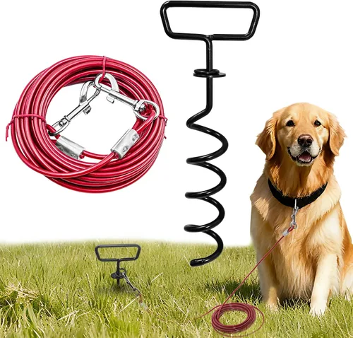 Vista 12 de Cable de amarre y estaca para perros de 20 pies, resistente para patio, correa de gancho con bloqueo, cable giratorio de 360° para perros medianos