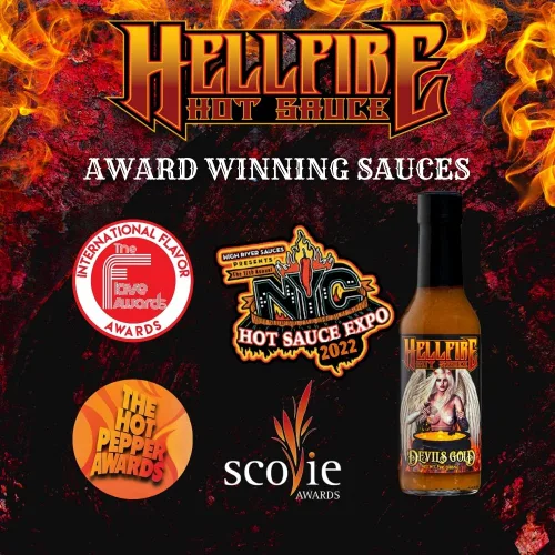 Vista 7 de Salsa picante Hellfire Devil's Gold, galardonada con múltiples premios, salsa picante gourmet a base de frutas, cuenta con pimientos amarillos súper