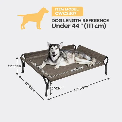 Vista 3 de Veehoo Cama elevada refrescante para perro, cuna elevada para mascotas con barandilla y reposacabezas inclinado, malla Teslin transpirable duradera