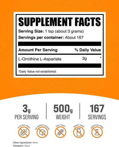 Vista 2 de BulkSupplements. com L-ornitina L-aspartato en polvo – Suplemento de ornitina, suplemento de aminoácidos – Sin gluten, 0.11 oz por porción, 17.64 oz