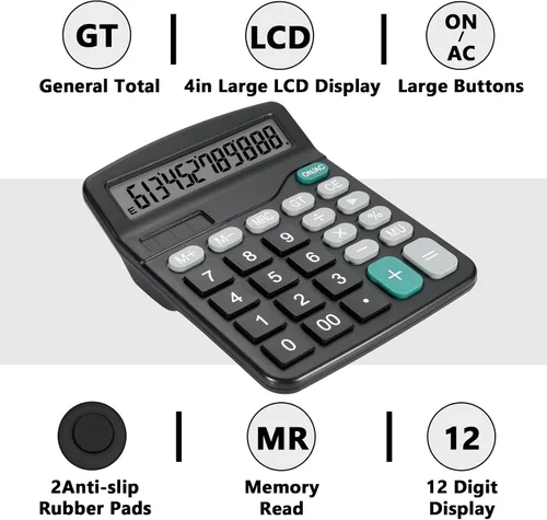 Vista 4 de Bonita calculadora de escritorio negra con botones grandes, fuente de alimentación doble, energía solar y batería, pantalla LCD grande, paquete de 2