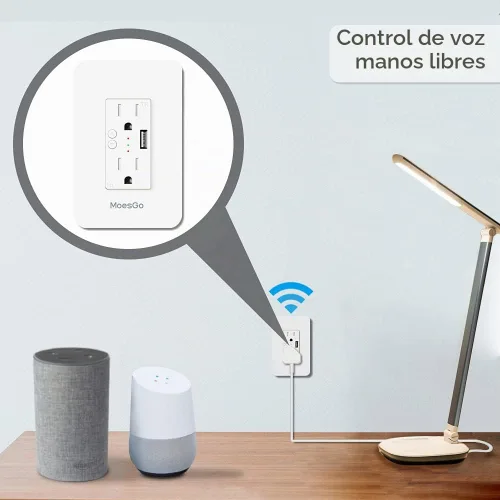 Vista 4 de MoesGo Toma de corriente inteligente de pared con USB, enchufe WiFi con 2 tomas de corriente, control dividido de 15 amperios, control remoto Smart