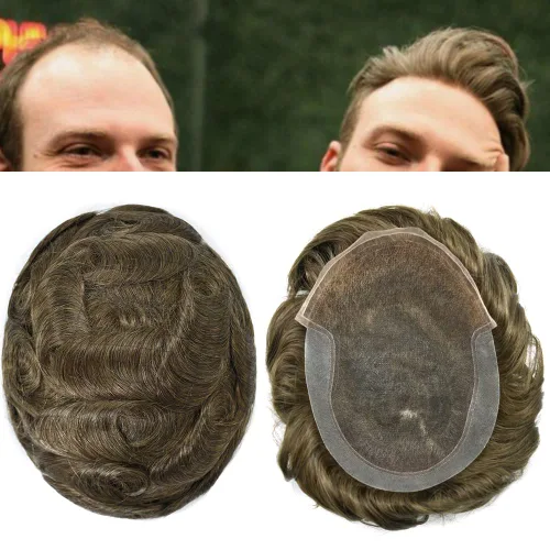 Vista 21 de Tupé para hombre Remy pieza de cabello humano para hombres encaje tupé para hombres nudo blanqueado sistema de reemplazo de cabello para hombre #1