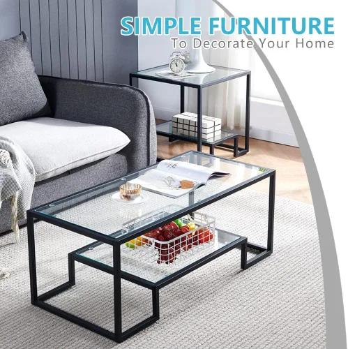 Vista 6 de Mesa de centro de cristal de metal negro, mesa de centro simple para sala de estar, hogar, mesa de centro con marco de metal con 2 estantes, mesa