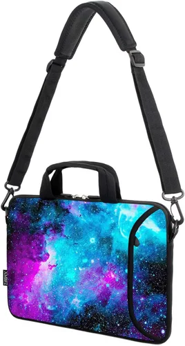Vista 5 de Funda para laptop de 15.6 pulgadas, estuche para chromebook, correa de hombro ajustable con asa, bolsillo para accesorios (Galaxias azules)