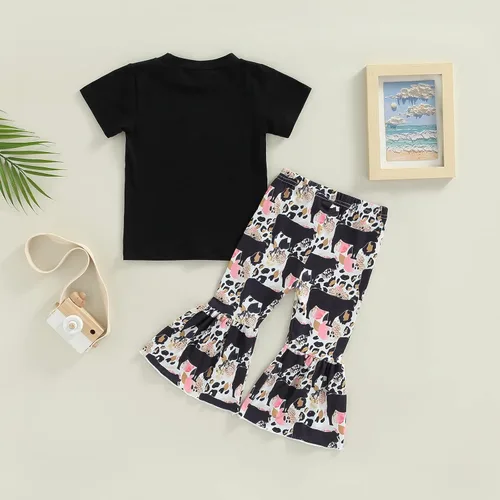Vista 46 de fhutpw Conjunto de camiseta de manga corta con estampado de vaca y pantalones acampanados de dibujos animados para niñas