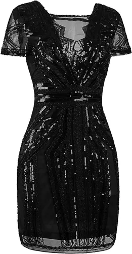 Vista 3 de Vijiv - Vestido corto de graduación con escote y lentejuelas inspirado en vestidos antiguos de 1920