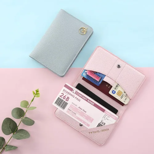 Vista 5 de Lychii Funda para pasaporte, de piel sintética, para pasaporte, tarjetas de visita, tarjetas de crédito, tarjetas de embarque, Rosado, Classic