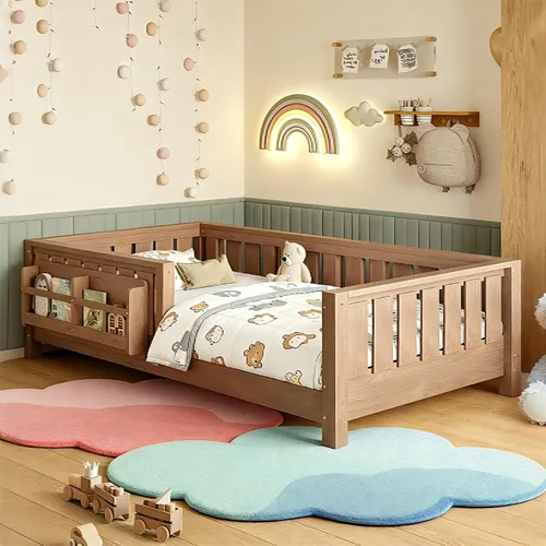 Vista 18 de Marco de cama Montessori Twin con estantería y barandillas, color beige