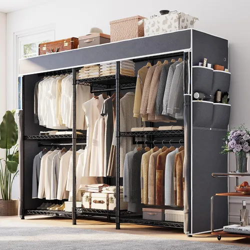 Vista 9 de Raybee Perchero de ropa con cubierta, perchereros para colgar ropa resistente, armario portátil con estantes, ajustable, carga de 905 LBS, negro