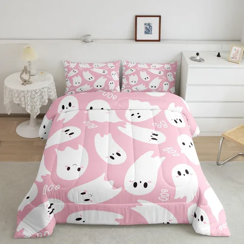 Vista 4 de Castle Fairy Happy Halloween - Juego de edredón para niños, tamaño Queen, juego de ropa de cama con diseño de fantasmas de dibujos animados rosa