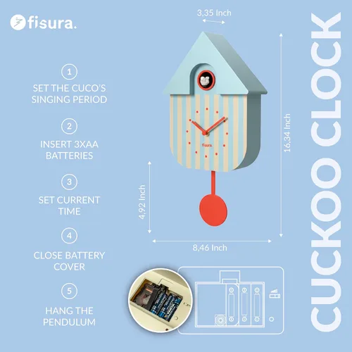 Vista 2 de Fisura - Reloj de pared de cuco a rayas azules y beige con esfera roja - Reloj de pared decorativo moderno, regalo único de decoración del hogar