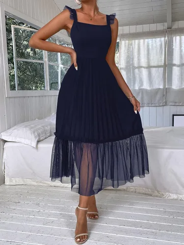 Vista 5 de Floerns Vestido largo de malla sin mangas con dobladillo plisado y volantes para mujer