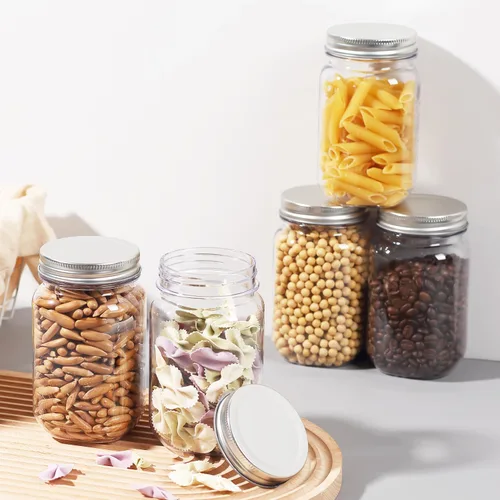 Vista 6 de Tarros Mason de plástico transparente de 16 onzas con tapa de rosca, tarros vacíos reutilizables para almacenamiento de alimentos, recipientes