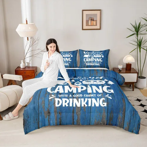 Vista 11 de Juego de ropa de cama con temática de cámper, juego de edredón de cabaña de madera marrón y verde, tamaño matrimonial, 3 piezas, decoración de Multi