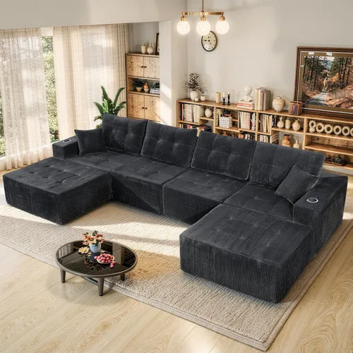 Vista 15 de Luxanimarion Sofá modular modular de 113 pulgadas para sala de estar, sofá convertible en forma de L con otomana, sofá modular modular de 4 plazas