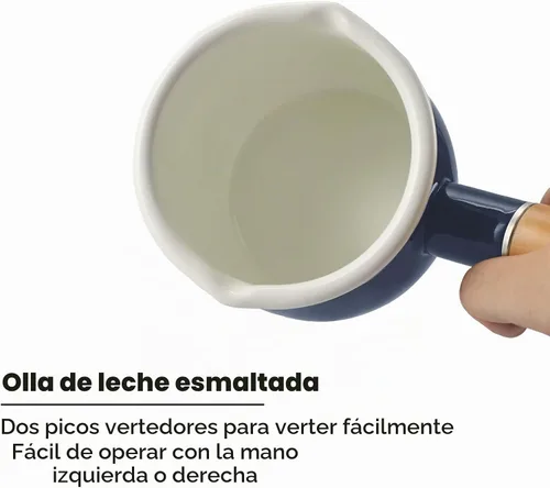 Vista 5 de Mini Olla de Leche Esmaltada de 0.6 Cuartos con Mango de Madera Aislado, 2 Picos Vertedores, Calentador de Alimentos Pequeño, Cacerola Bonita