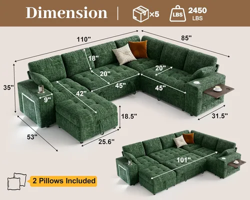Vista 3 de Vipbear Sofá cama modular de 111 pulgadas, sofá cama modular de 7 asientos con cama extraíble, sofá en forma de L de felpilla con otomana de Verde
