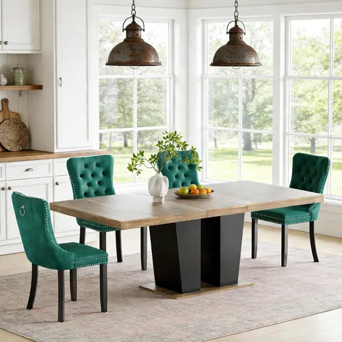 Vista 40 de Mesa de comedor extensible de 78.74 pulgadas para 6 8 y 10 pulgadas, moderna mesa de comedor extensible de granja con base de doble pedestal, mesa