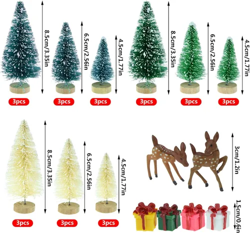 Vista 3 de Yookat 51 árboles artificiales de pinos con base de madera, cepillo de botella de sisal, árboles de colores surtidos y cajas de ciervos, adornos