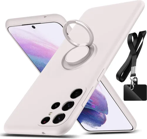 Vista 12 de Funda para Galaxy S22 Ultra, con soporte de anillo giratorio de 360° y cordón de correa de silicona líquida delgada funda protectora para Galaxy S22