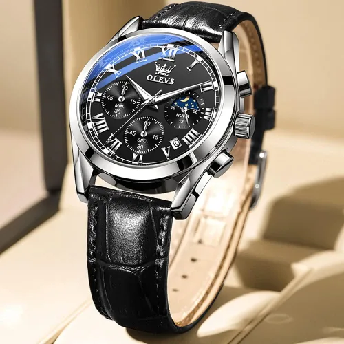 Vista 9 de OLEVS Watch for Men Chronograph Brown Leather Analog Quartz Fashion Business Dress Large Face Men Watch Day Date Luminous Waterproof Casual Male