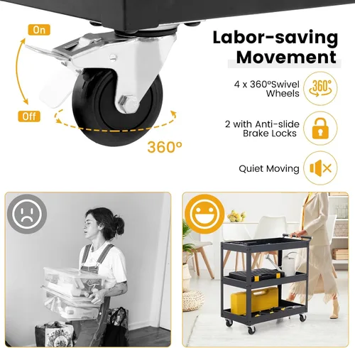 Vista 2 de Goplus Carrito utilitario de 3 niveles, carrito de herramientas de servicio comercial resistente con ruedas bloqueables, capacidad de carga de 330
