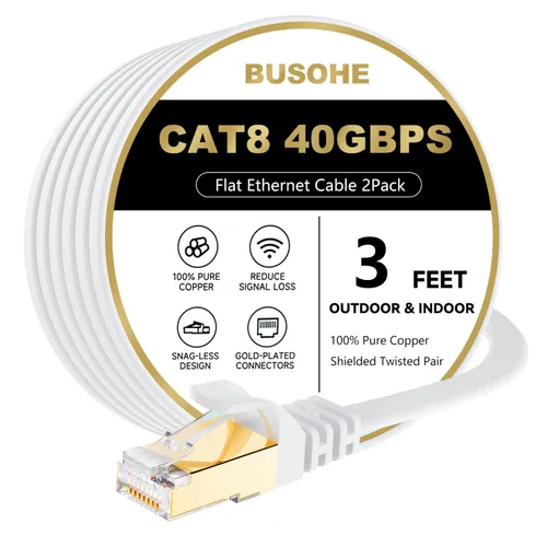 Vista 18 de Cable Ethernet Cat 8 de 1 pie, paquete de 2 unidades, 40 Gbps 2000 MHz, cable plano Cat8 de alta velocidad con conector RJ45 chapado en oro, cable