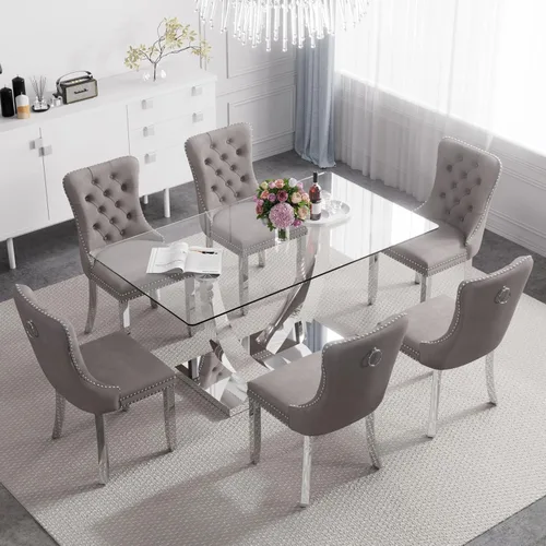 Vista 31 de Juego de mesa de comedor de cristal moderno de mediados de siglo para 4, 63 pulgadas, juego de comedor rectangular grande de lujo con parte superior