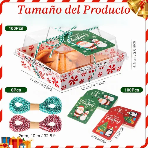 Vista 3 de Yaomiao 50 piezas de cajas de charcutería de Navidad con cuerdas y tarjetas, caja de comida de Navidad con tapas transparentes, contenedores