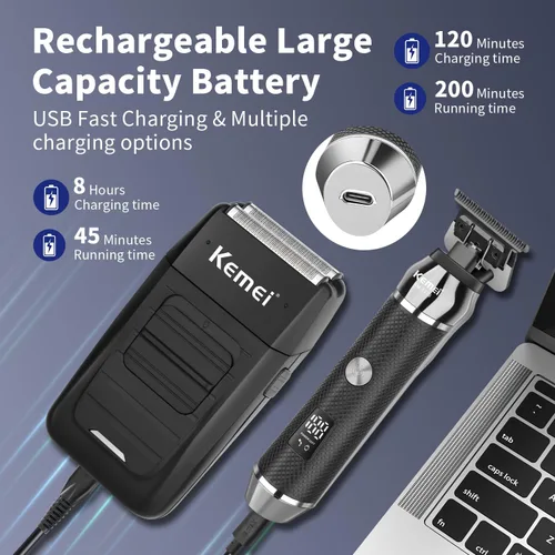 Vista 5 de KEMEI Recortadora de barba profesional para hombres, afeitadora eléctrica de aluminio y juego de aseo facial para hombres, recortadora de precisión