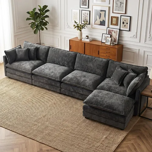 Vista 9 de Sofá individual modular de chenilla con otomana, sofá nube con almohada, color beige